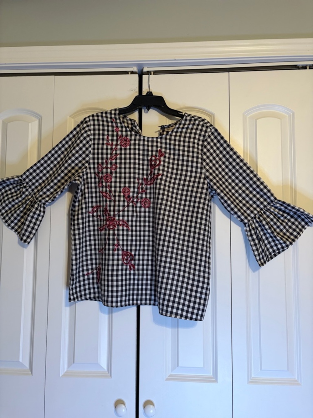 Black & White Gingham Blouse with Red Floral Embroidery